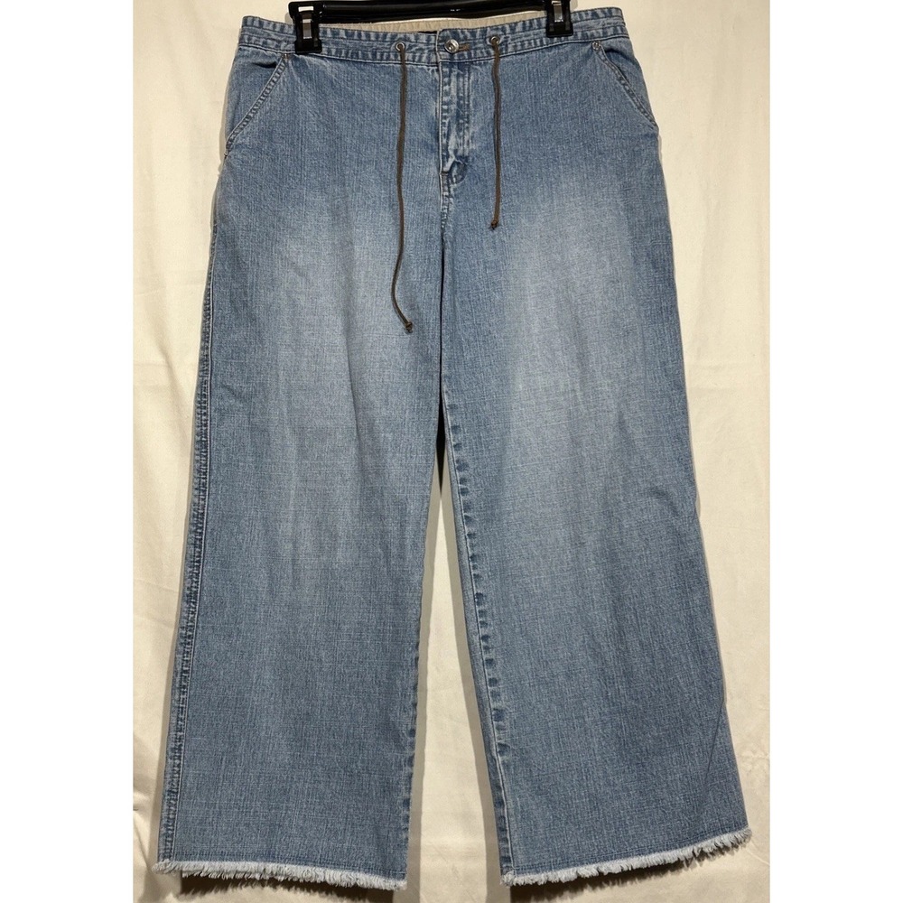 Wide Leg Crop Jeans Light Wash Mid Rise Sz 8 Leather Tie Raw Hem DKNY 33"x 25"